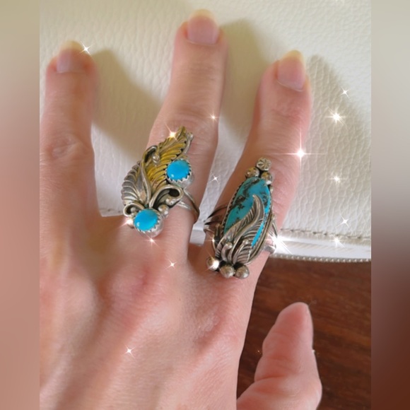 Native American Sterling Silver Turquoise Floral Ring lot of 2- FF.Tribal Navajo
